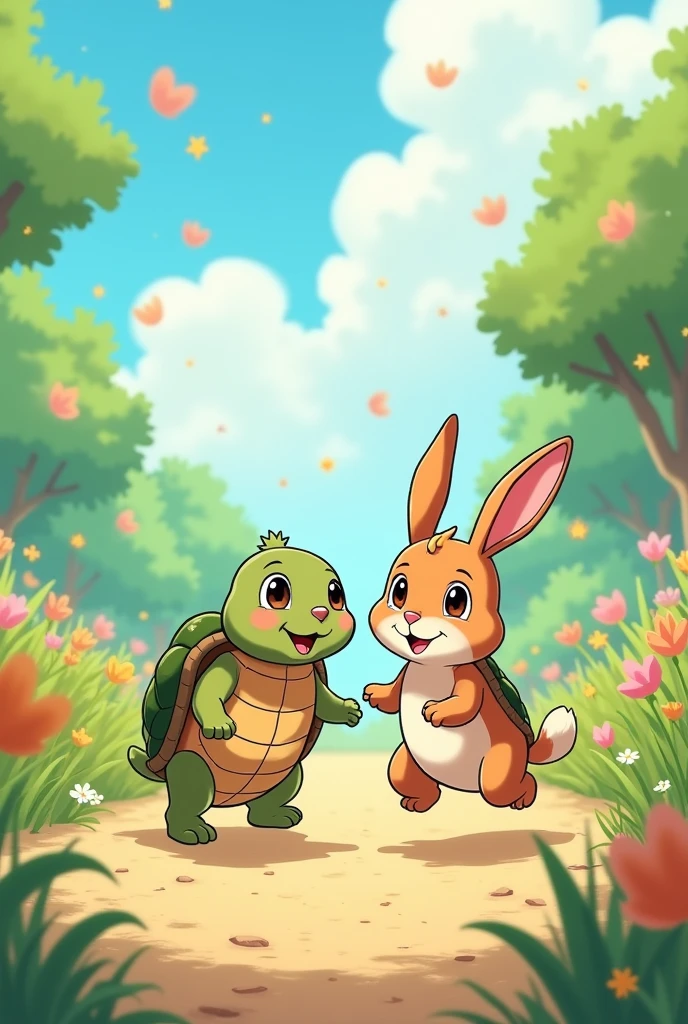 Create a anime style cartoon book front page for Title: The Tortoise and the Hare attractive and Cute.