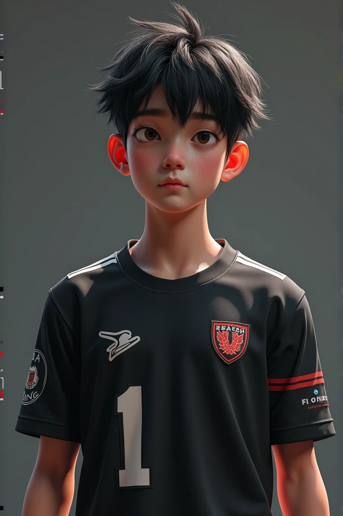 Make a Japanese, 1, wearing a squad tshirt with his nickname 'Arlotty' on it and his squad or team for eSport "The Night Core' and put a logo. No numbers, realistic like real human taken by camera, don't forget his nickname ARLOTTY on his shirt and his squad name 'The Night Core'
