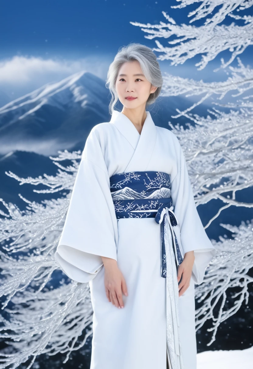 Masterpiece、top-quality、A hyper-realistic、Photorealsitic、The beauty of the frost on the trees of the snowy mountains in the middle of winter against the backdrop of a dark blue sky、Fog flowing through snowy mountains、Trees with frost々Beautiful long silver-haired spirit woman wearing a pure white Japan kimono snuggling up to