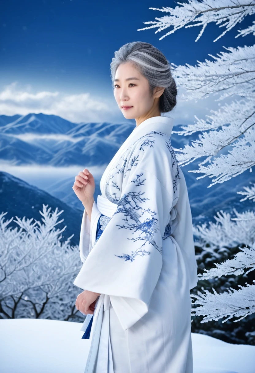 Masterpiece、top-quality、A hyper-realistic、Photorealsitic、The beauty of the frost on the trees of the snowy mountains in the middle of winter against the backdrop of a dark blue sky、Fog flowing through snowy mountains、Trees with frost々Beautiful long silver-haired spirit woman wearing a pure white Japan kimono snuggling up to