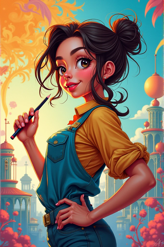 Please illustration drawing type colorful stunning girl is showing off a pencil and she is in attitude to take a pencil