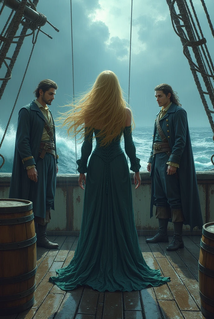 **Prompt:**
on the deck of a pirate ship, under a stormy sky, **Apocalypse** is not center, with her long golden hair flowing in the wind. She wears elegant clothes, but practices, that show their noble origin. She has her back to both of them, looking at the sea. To her right is **Cyrus Voss Grimhart**, with a cold and calculating expression, wearing dark, elegant clothes. Her black hair is slightly tousled by the wind, and his icy blue eyes are turned towards Apocalypse. To the left of Apocalypse, **Vance Shadowbane** watches her with a mixture of concern and admiration. He wears typical pirate clothes, her red hair also stirred by the wind. The deck is wet from the rain, with ropes and barrels around, while the rough sea reflects the tension between them. They are young and beautiful, don't forget that vance is redhead, cyrus tem a pale skin, The hair is short