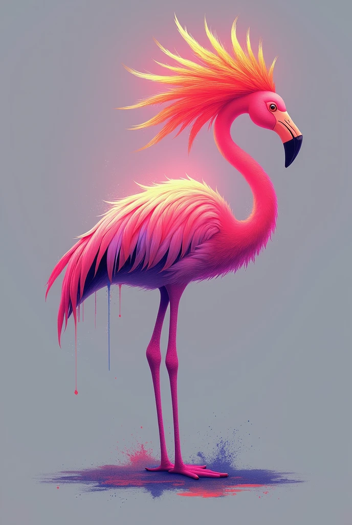 A retro vintage logo of a flamingo girl, printed in an out-zoom luminous style with rainbow pastel, plain splatter, and grunge effects, all rendered in a 750px size.