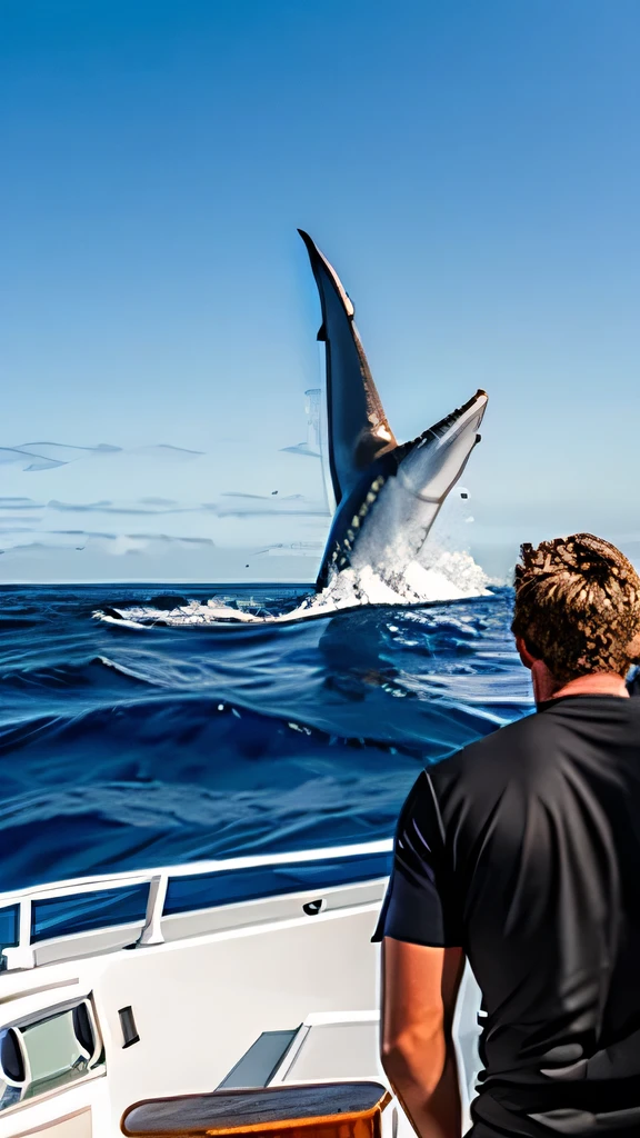 Three men on a tuna boat hunting a giant shark.
