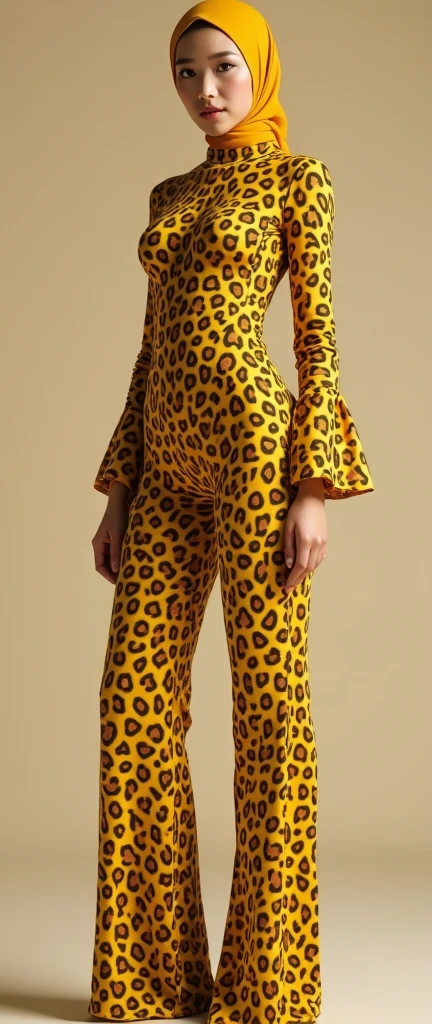  
The most beautiful,most slender thin and most clever asian muslimah adult feamle person with beautiful cheeks wears marigold yellow jaguar print lycra turtleneck unitard catsuit covered with spots and always wearing marigold yellow jaguar print lycra elastane stretchy dancewear hijab covered with spots.

