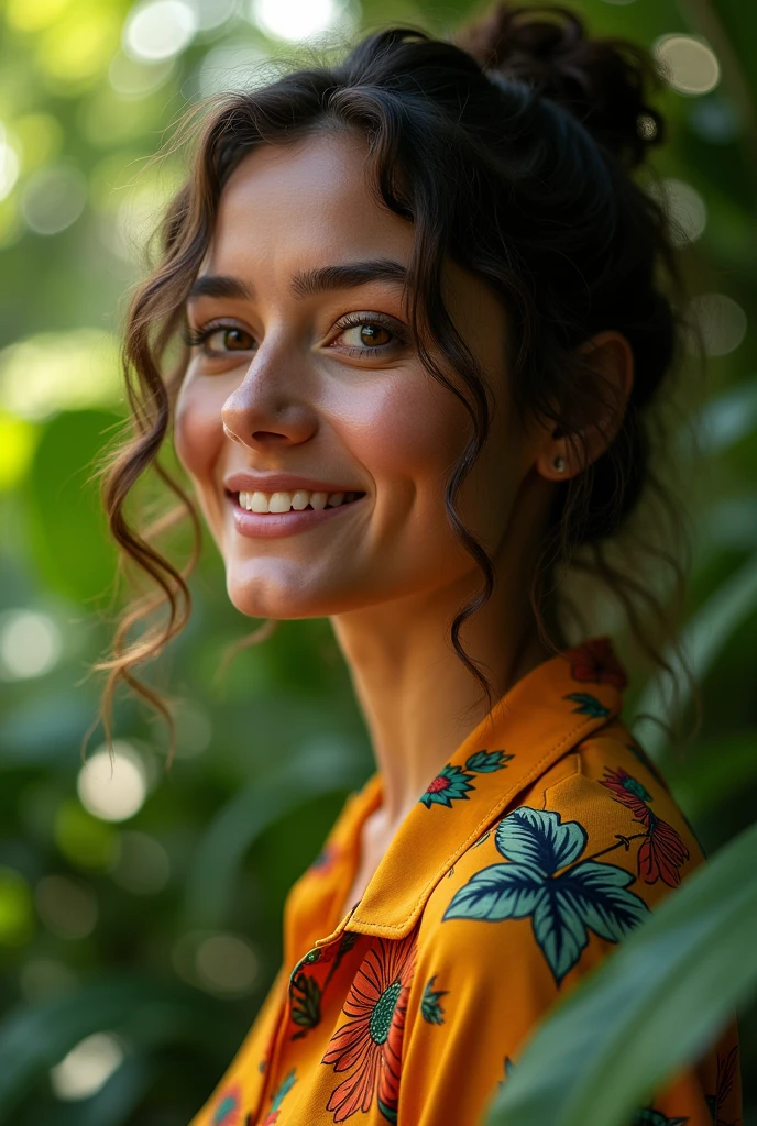 A Brazilian woman in a lush tropical garden, wearing an open shirt with a floral print, with a close-up capturing the harmonious beauty between her breasts and the natural flowers, showing off your natural charm and outgoing personality.