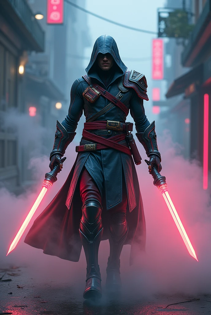 A male assassin from the Assassin&#39;s Creed saga, but with futuristic armor, with neon details, make the hidden blades too. The background is full of smoke, and the neon lights illuminate the environment. 