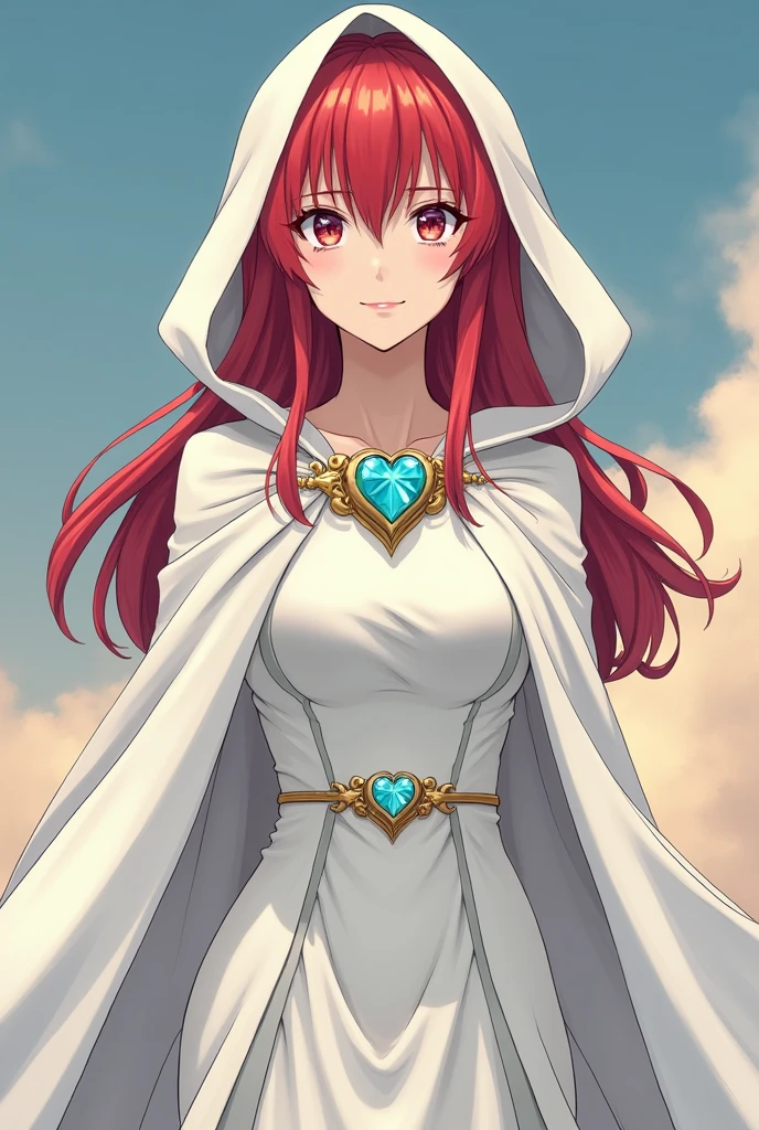 Create a character from my hero academy who is a girl with white skin and straight red hair with wavy ends and with her hero costume with a white dress and a cape with a white hood with silk fabric and a delicate golden belt with a light blue crystal heart in the center of the belt