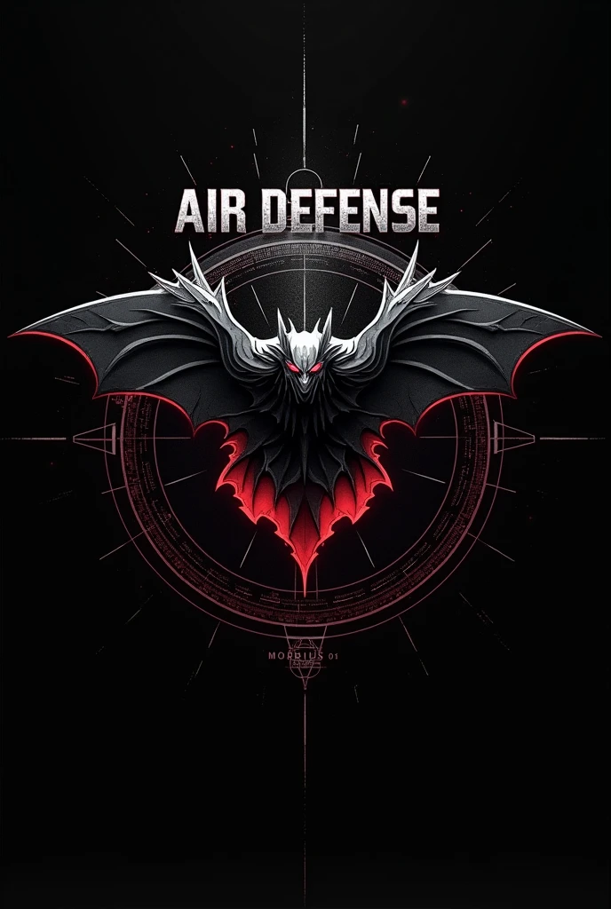 design:

Parche&#39;s Fund: A background in dark tones (black and gray) to reflect the atmosphere of a night battlefield, similar to the atmosphere of Morbius.

Central Element: A stylized emblem of a bat with outstretched wings, symbolizing constant vigilance and the ability to "hunt" air threats, Inspired by the character of Morbius.

Secondary Details: Incorporating elements of technology and precision, such as fine lines or graphics representing radar or defense systems, alluding to the high technology and precision required for air defense.

Text: On top, the text “AIR DEFENSE” in large letters and at the bottom, "Morbius 01” in smaller letters, both in a modern and robust font style.

colors: Use a black color palette, Dark grey and dark red accents for an intense and professional touch, evoking the visual style of Morbius.
