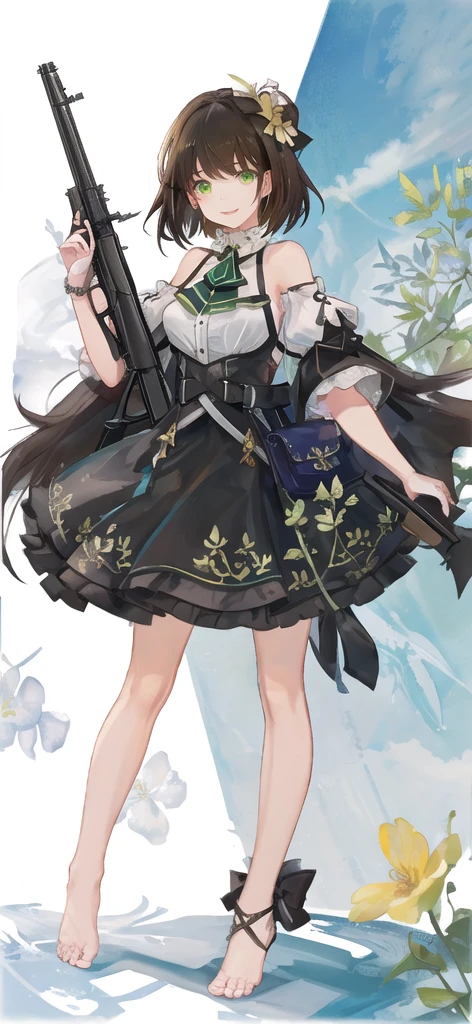 Highest quality, Ultra-high resolution, wide angle, full body shot, One woman in her twenties, Slim figure, Neat clothes, Adorable smile, Brunette short bob, Green clear eyes, Thin lips, Yellow flower motif earring on one ear, white blouse shirt, Black Mini Skirt, Yellow-green shoulder bag, Beautiful bare feet, Carrying an automatic rifle, Random Pause, Active Pause, White background