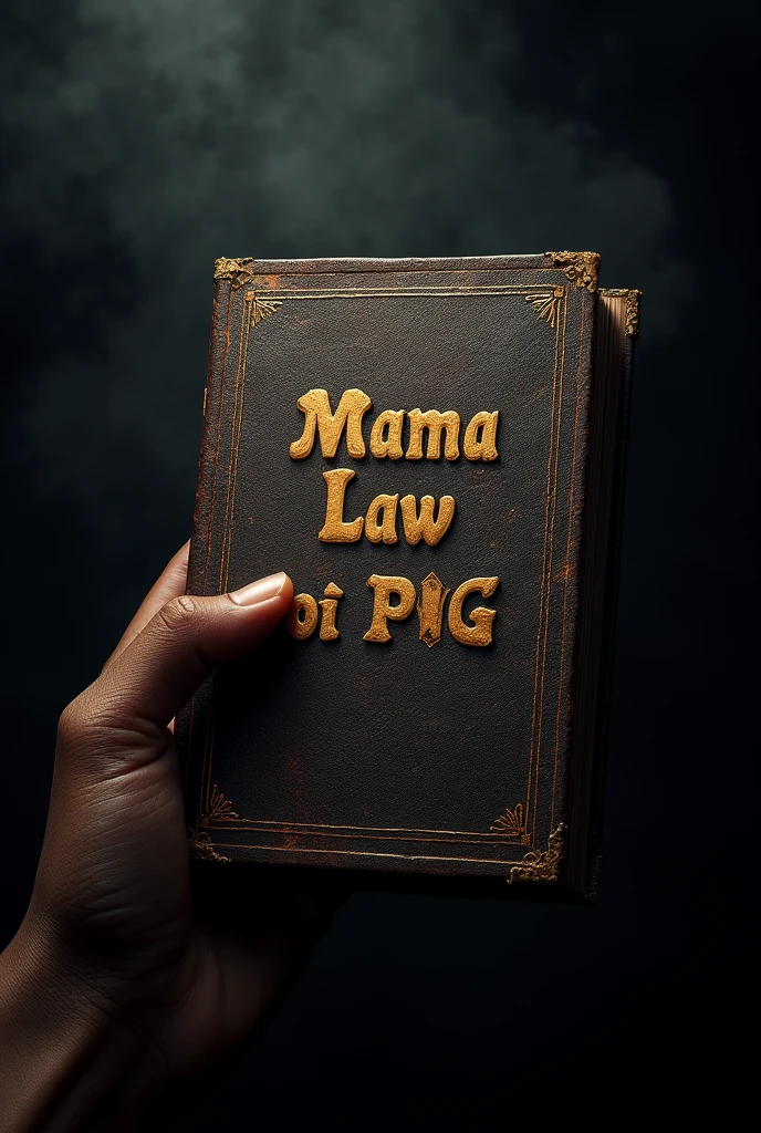Brownish black pointing to the law written as Mama Law of PNG on the black covered book
