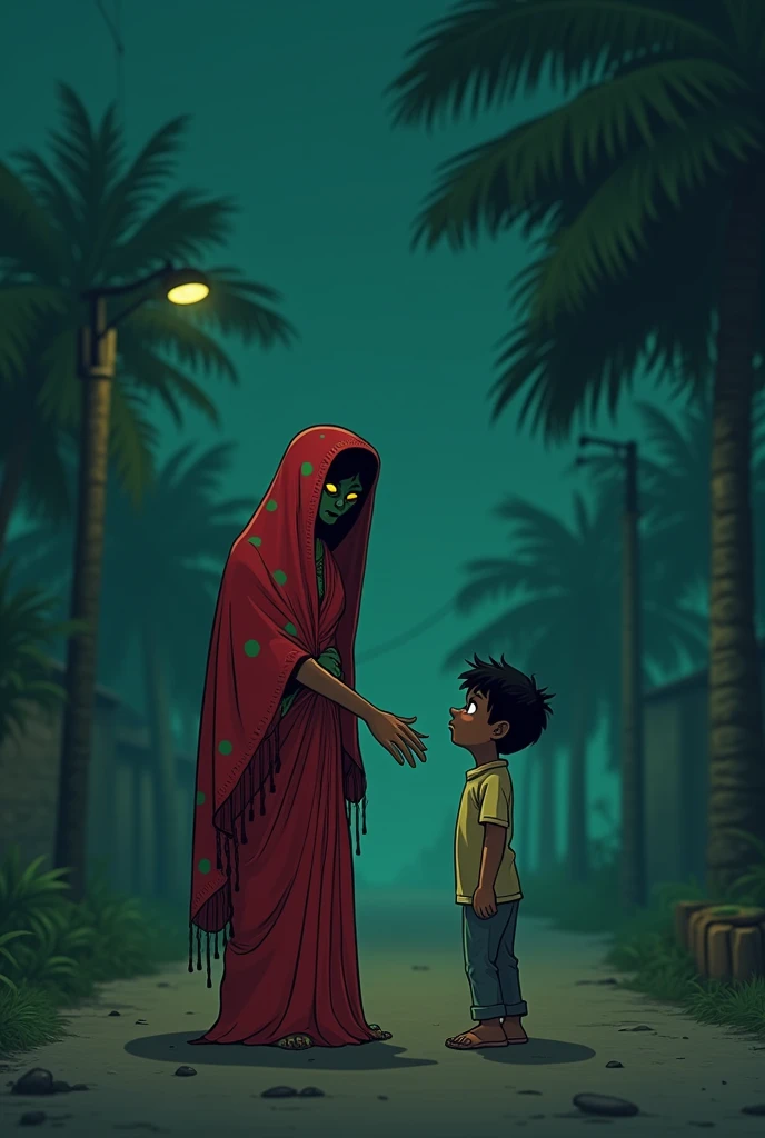 cinematic cartoon style (thumbnail photo realise:),a Indian chudail wearing a saree with closed the head with saree(palu), saree colour red with green point dots, chudail hight very small as compared to the background,chudail live on the street( forest) who join to village street, few small tree both sides of street, Cinematically dark night environment .The image looking very far long distance.chudail look from long distance with very small hight of chudail.and chudail closed the face with his saree.chudail talking to a boy (boy looking so poor) chudail face very dangerous.