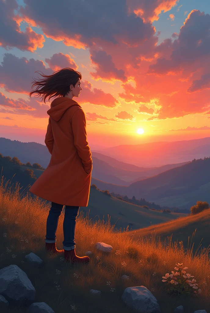 create a drawing,Chico,Brown hair,orange coat, watching the sunrise,backwards