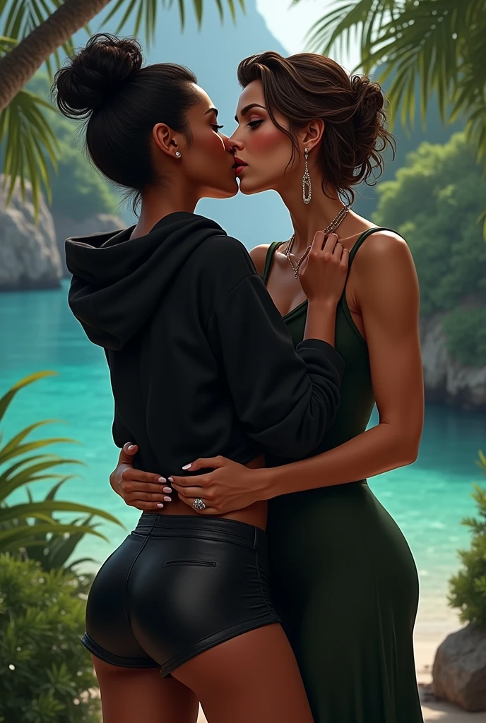 black woman hair in a bun black hoodie black leather short shorts old ugly woman standing behind her up against her wearing a dress with her arms around her waist kissing her neck on a tropical island