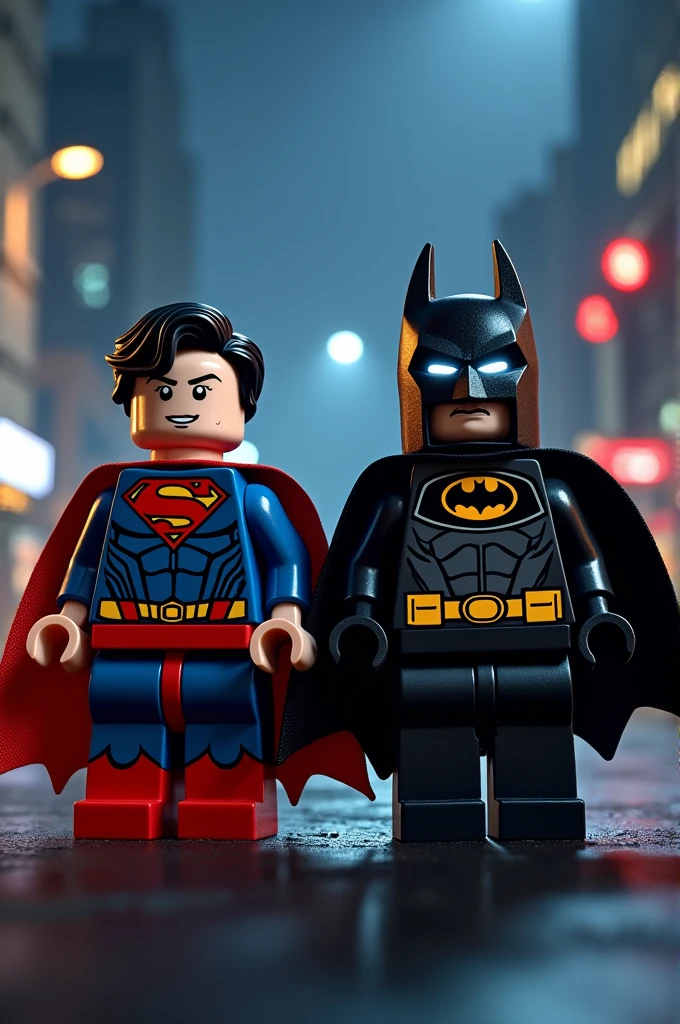 Superman and Batman in lego art, night