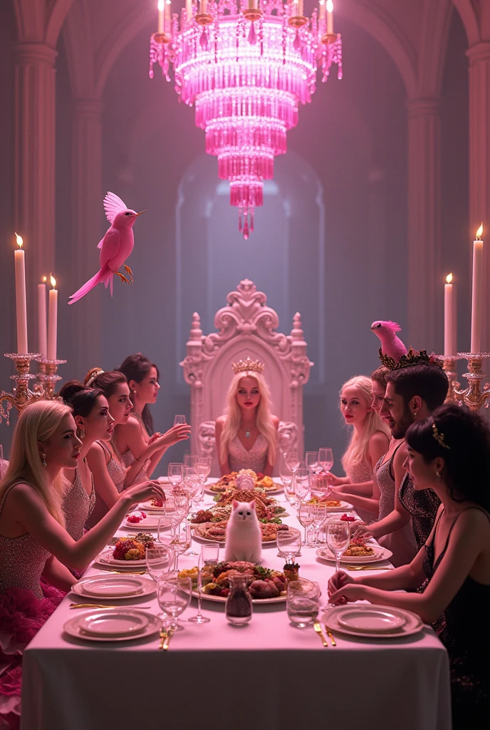 "A full-body shot of a (extra wide angle) in a dark low light medeval ballroom in an old palace. Super-big ballroom 2 queen twin sisters and their 10 girlfriends jumping arraound. The twin-queens have a big light-colored eyes, super-long shiny blackest hair. Their girl-friends have all kinds white long hair also blue and green perfect eyes. Perfect beautiful teeth, perfect hands, five fingers on each hand, big breasts cleavage, most perfect eyes 1:1, white perfect skin, rosy cheeks. They are laying on the floor in a middle of a super-enormous ballroom 1:3 with sparkling pink cristals and baloons everywhere in the candelight 1:1 Wearing a layered black, white and gold ballroom dresses with lace and shiffon. On their head is a gold crown, adorned with pink crystals 1:1. They are laughing and laughing at eachother and rolling around the floor. A white cat lounges. 1:1, while a blue bird perches atop the throne. All of the girls rolling around in a caos with eachother. The scene ave a beautiful empresses, striking a bendover poses, curled up, excited and laughing. their long black hair flowing all around. Having fun.(Best Quality Detailed faces). A medieval fairytale vibe, with a big black intricate throne in a corner, a dark medeval chandelier with few candles hanging from the ceiling a very low romantic lighting. In a fantastic scene that uses 3D Surreal 3D model. Big gold gothic medieval five armed candlesticks sit on a blacktable, surrounded by crystal wine glasses—one tipped over and another half-full of wine. The entire setup is Best Quality, masterpiece 1:1, capturing the essence of a beautiful and happy girls, fantastical gothic setting, moist. Low lighting under neath, framed with the grandeur of medieval gothic style. (8K).