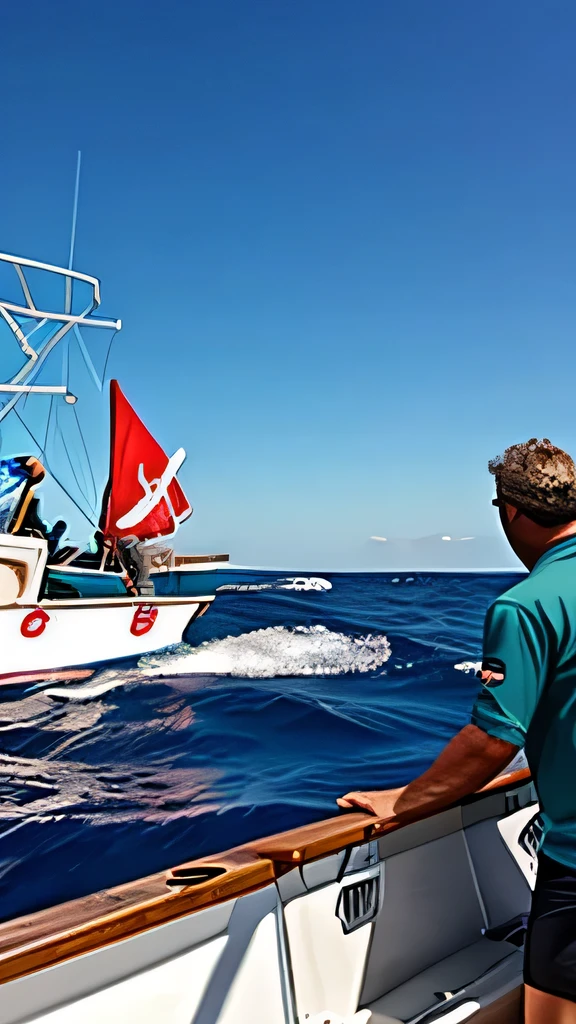Three men on a tuna boat hunting a giant shark.
