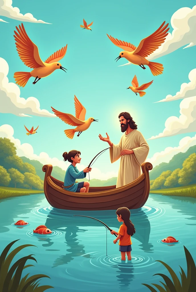 Cartoon birds flying Jesus in a boat with a girl and a boy fishing and fish