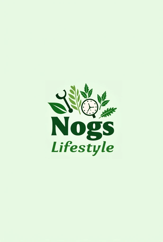 Design a logo that embodies the concept of a healthy, balanced lifestyle tailored for regular people juggling work, family, and daily life. The logo should incorporate the text 'Nogs Lifestyle' and integrate imagery like wholesome foods (fruits, vegetables) and light fitness symbols (e.g., dumbbells, running shoes). The color scheme should be soothing with natural greens, calming blues, and soft neutrals. The overall look should convey a sense of attainable wellness and everyday health.