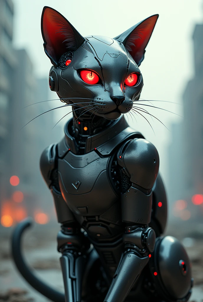 A cat with steel body and red eyes