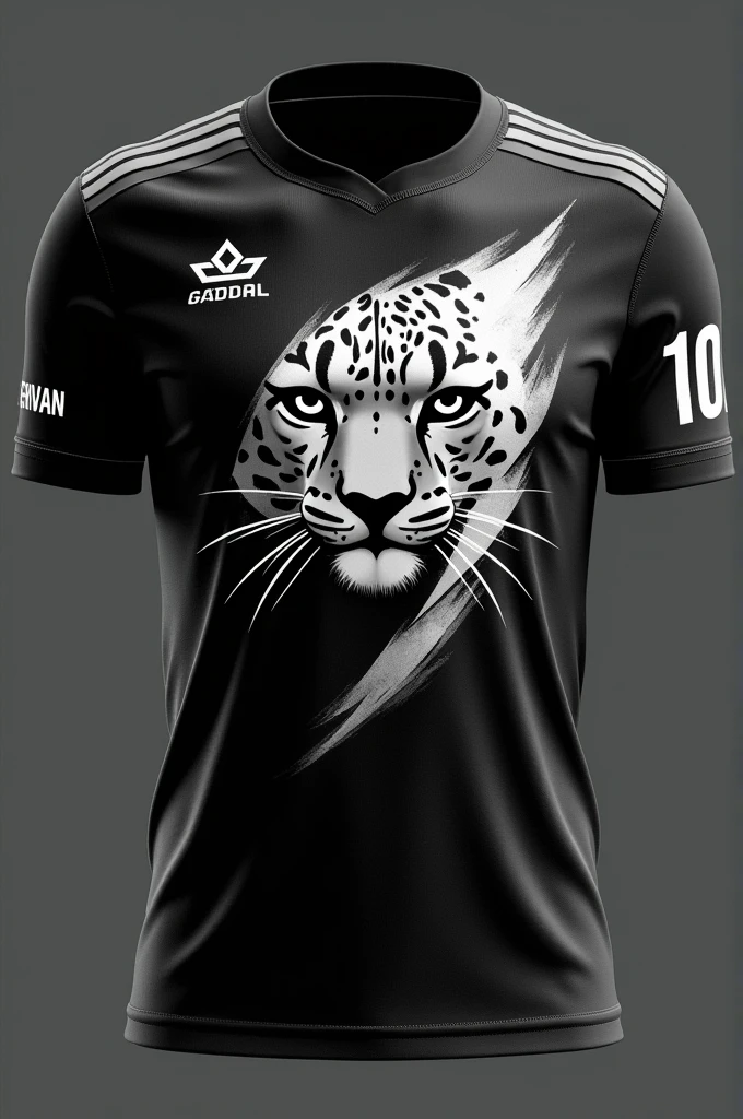 Create front and back team jersey design images with black color with white shaded snow leopard design highlighted, name on the back of the shirt Geovana and the number 10