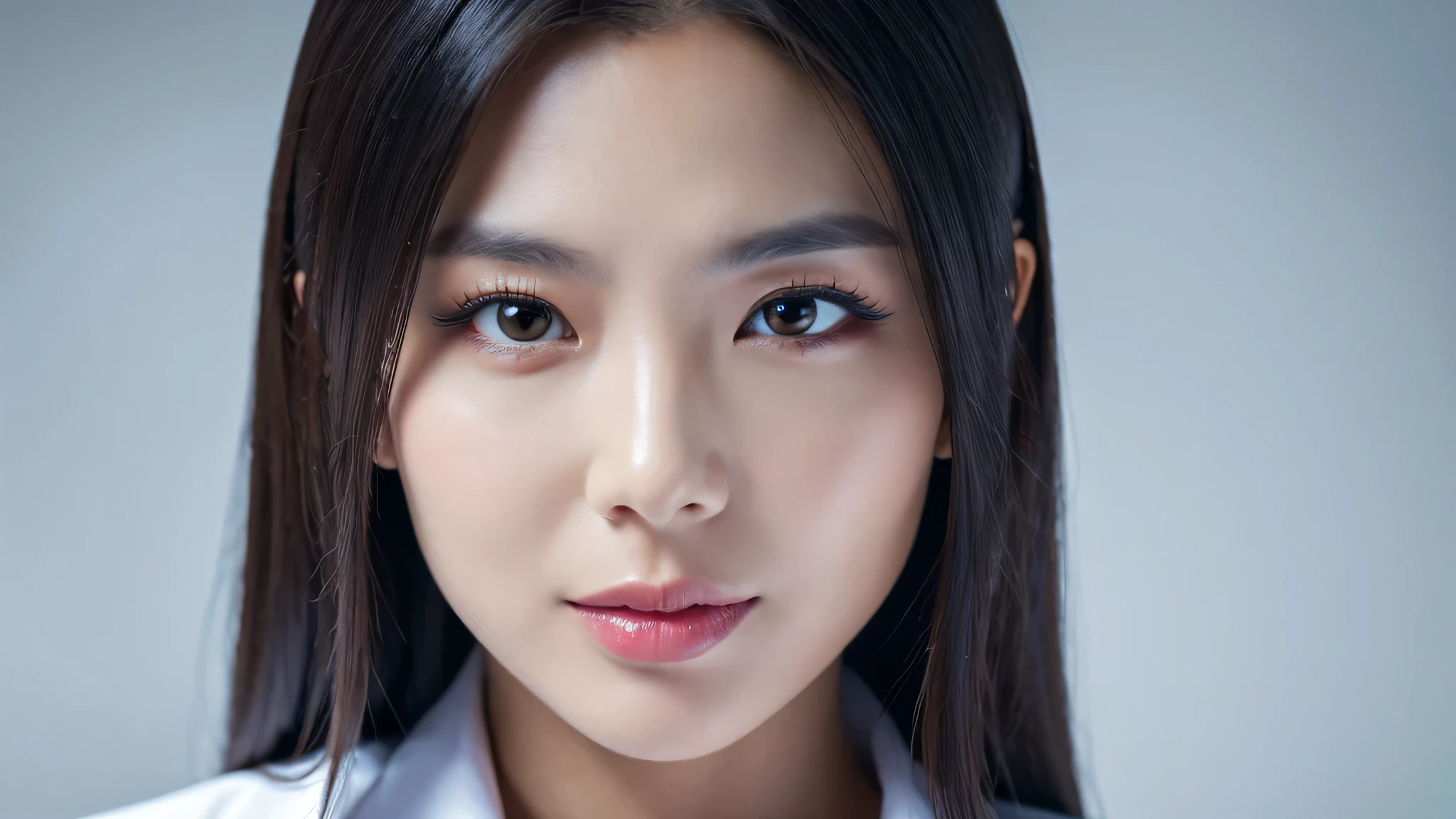 (Detailed face),vivid,White business shirt,4K,Ultra-high resolution,(Photorealistic:1.7),Gray background,Long black hair,