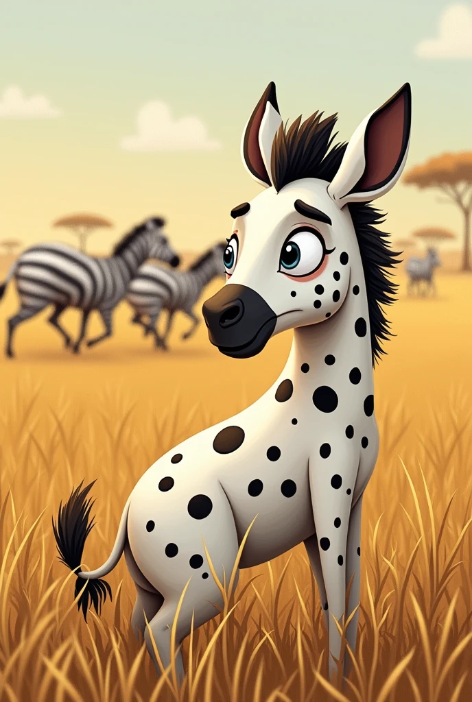 Illustrious Zenia in a savannah field, looking with a sad and thoughtful look at a group of zebras with black and white stripes that are playing and running together. Zênia must appear isolated and with an expression of loneliness and desire to fit in.. Its body is white with black dots, and it must be a little far away, watching the scene.