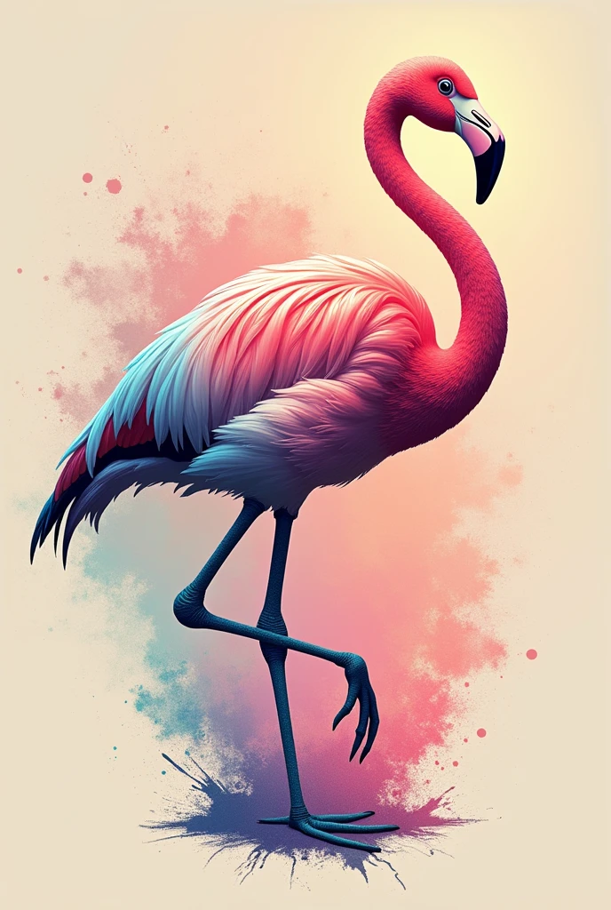 A retro vintage logo of a flamingo , printed in an out-zoom luminous style with rainbow pastel, plain splatter, and grunge effects, all rendered in a 750px size.