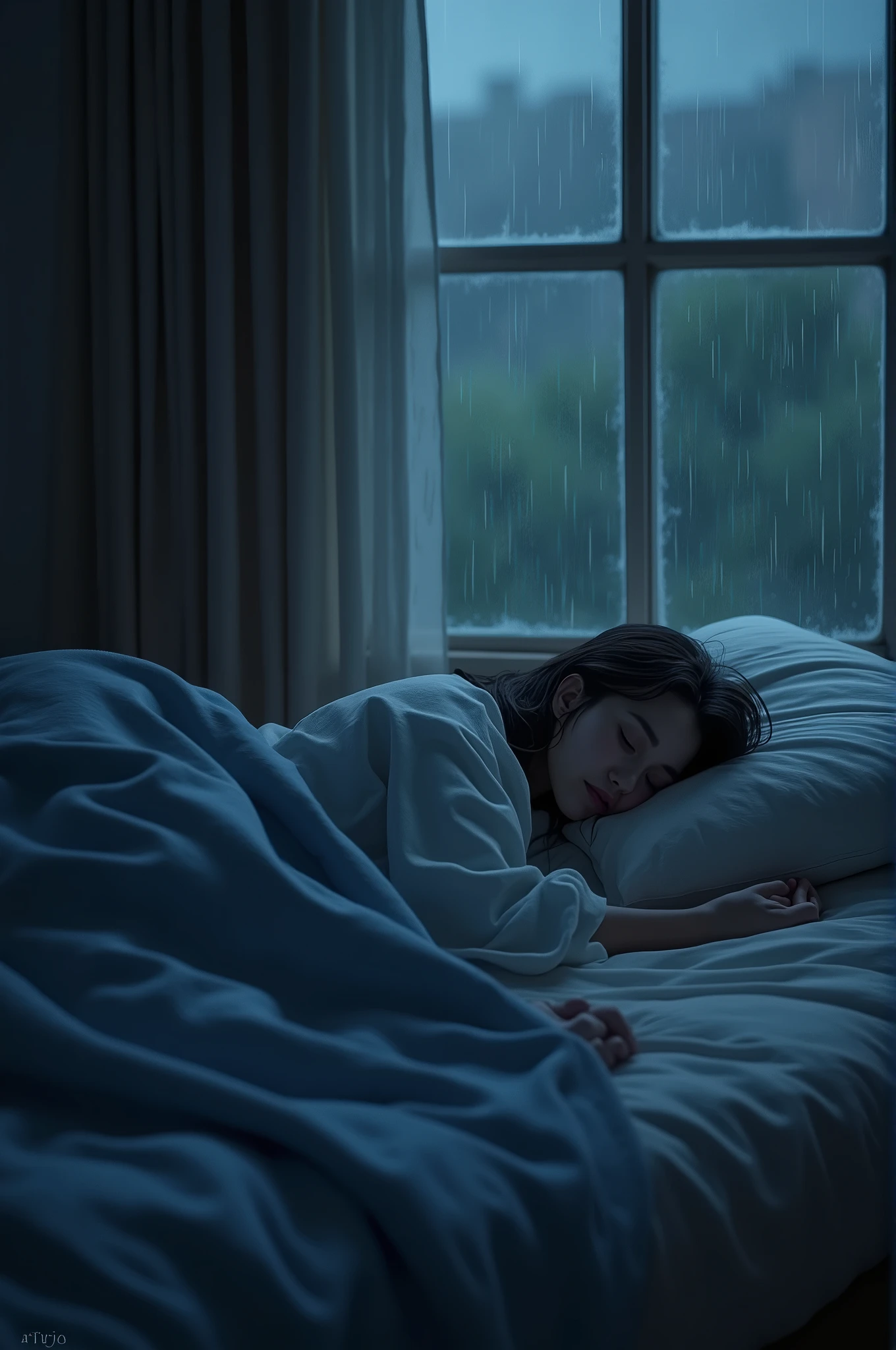 Person sleeping on a rainy night