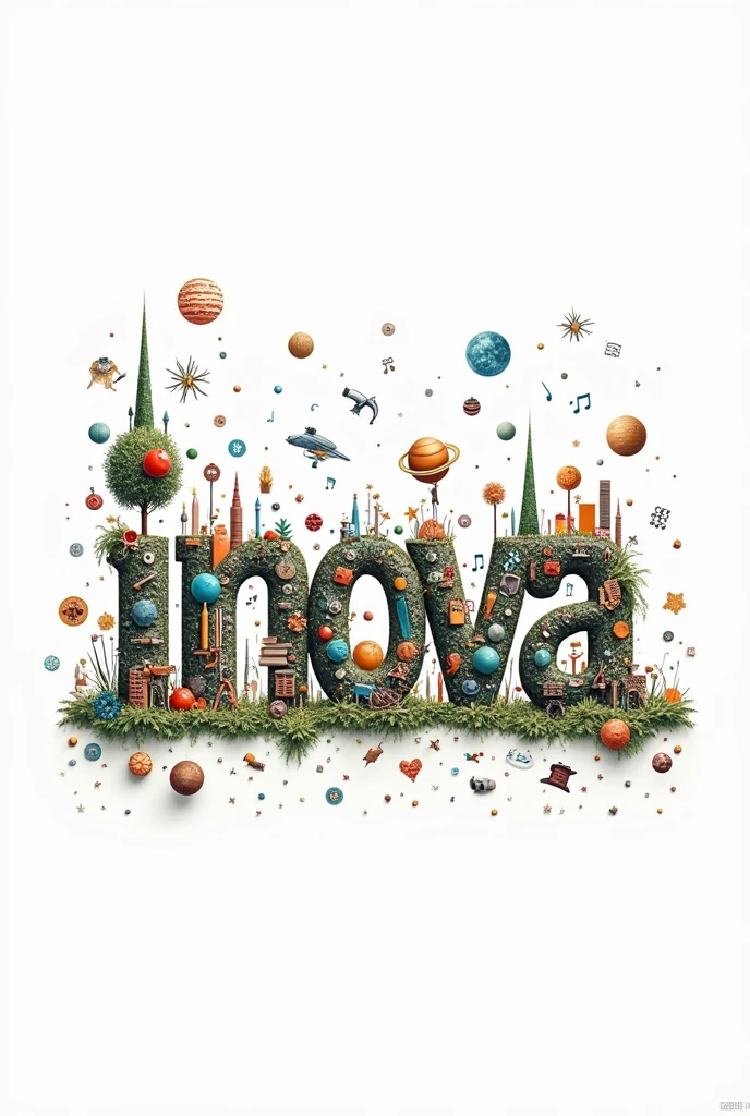 Text and color in a single line that says Innova, made with pictures from books, toys, spaceships, microscope, planet, pencils, musical notes, Brushes, etc, All objects for boys and girls, made with and not just that they appear, White background
