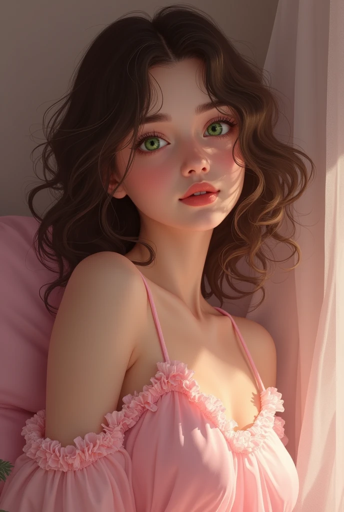 A brunette girl, green eyes and curly hair in a pink nightgown