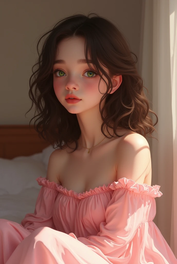 La mejor calidad, Altas Resoluciones, retrato, aceites, moderno, Proporciones realistas, Detalles intrincados, foco nítido, vivid colors short wavy brown hair, hermosos ojos detallados, hermosos labios detallados, small breasts, sin ropa, desnudo, sin ropa
