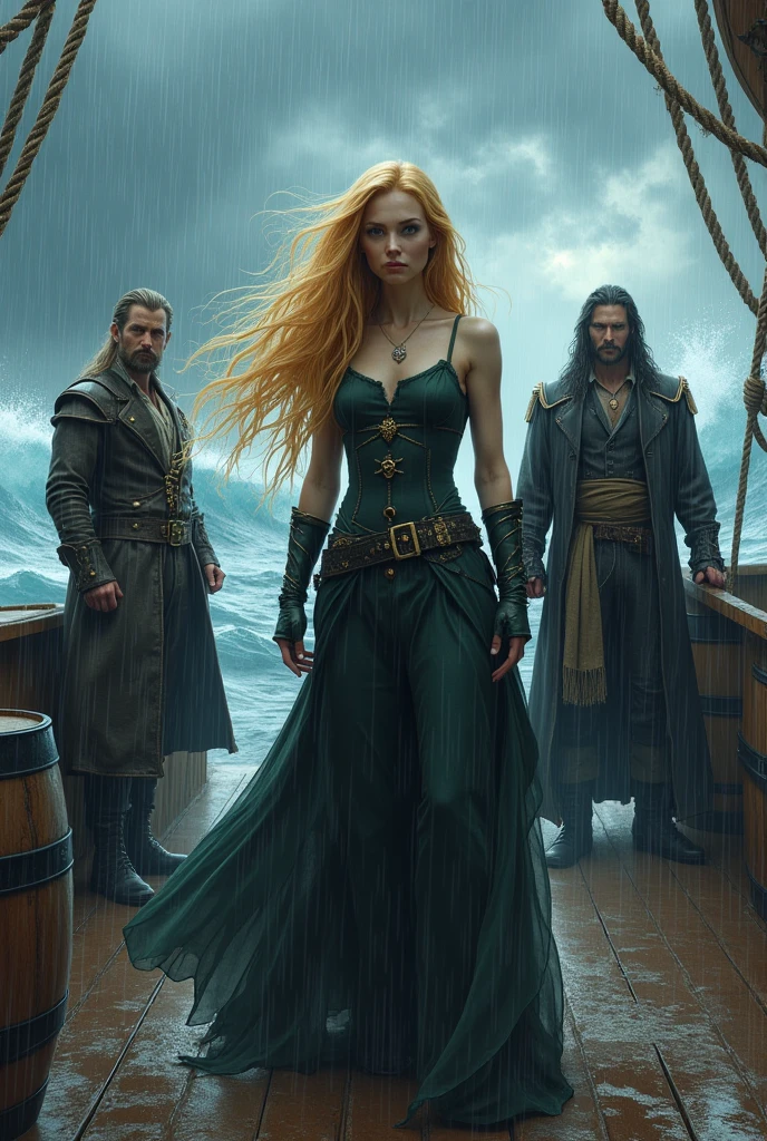 **Prompt:**

on the deck of a pirate ship, under a stormy sky, **Apocalypse** is not center, with her long golden hair flowing in the wind. She wears elegant clothes, but practices, that show their noble origin. Their eyes, one deep lilac and the other cyan blue, are fixed forward with determination. To her right is **Cyrus Voss Grimhart**, with a cold and calculating expression, wearing dark, elegant clothes. Her black hair is slightly tousled by the wind, and his icy blue eyes are turned towards Apocalypse. To the left of Apocalypse, **Vance Shadowbane** watches her with a mixture of concern and admiration. He wears typical pirate clothes, her red hair also stirred by the wind. The deck is wet from the rain, with ropes and barrels around, while the rough sea reflects the tension between them.