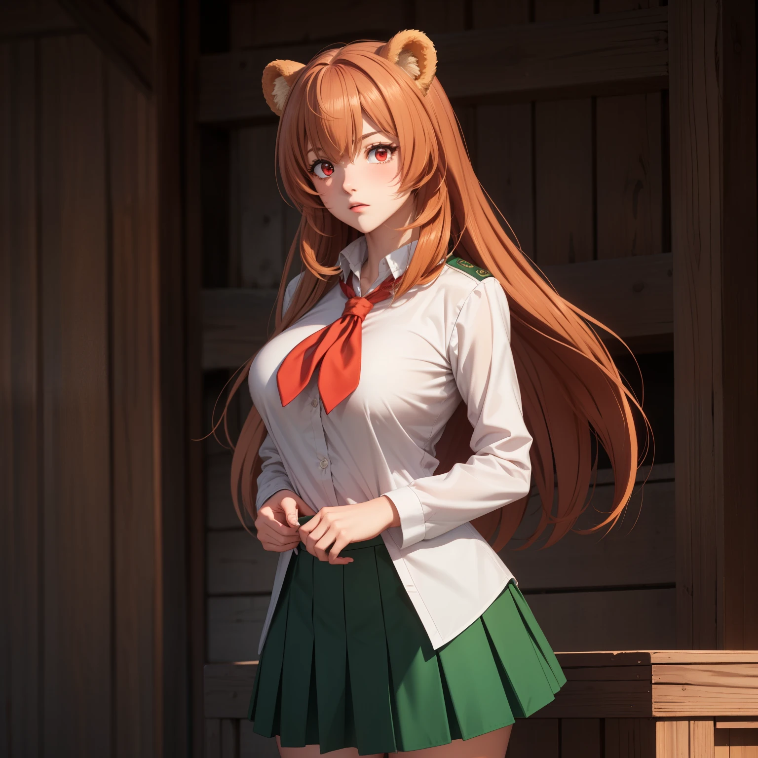 Raphtalia, woman 22 orange-blond hair , bear ears, Red eyes como rubíes. Red eyes, confused expression, big breasts. white school shirt, short green skirt. background a school. uniform