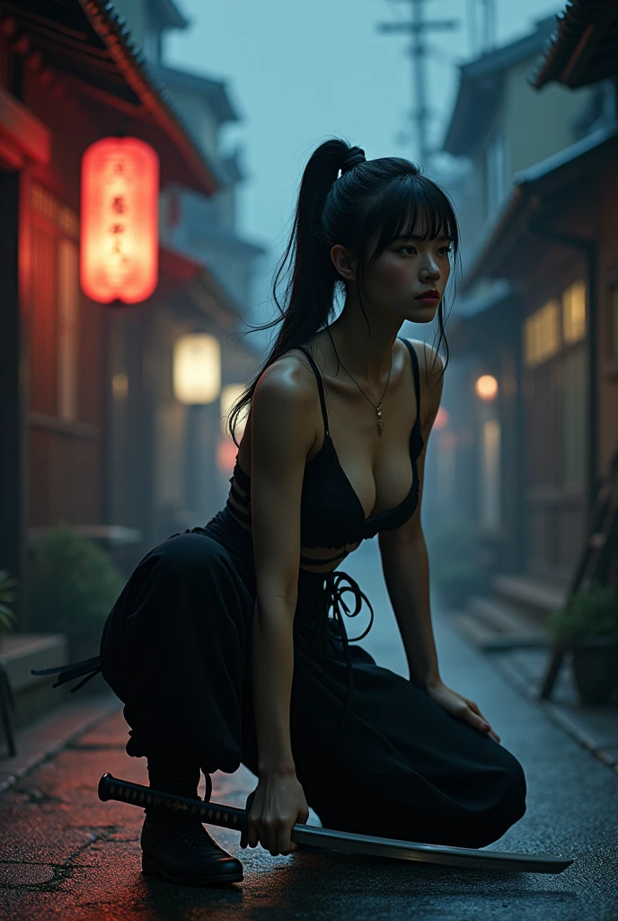 masterpiece, Highest quality,
one japanese girl, young, busty, cleavage, wearing ninja clothes, bare legs, bare arms, side boob, midnight, at edo town, japan, squatting, spread legs, side face, prepare a KATANA, hide a corner