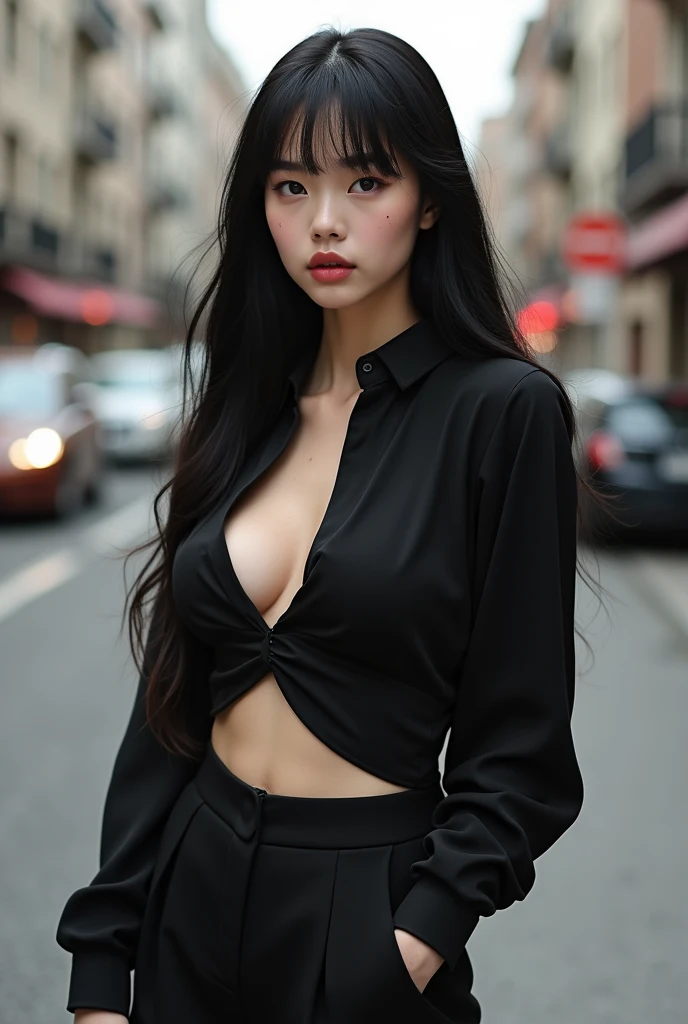 1 light-skinned girl, young man, Asian with slanted eyes, extremely beautiful, unique beauty, extravagant look, rosy cheeks, big mouth, fleshy and pink, aegyo sal, beautiful ears, small and round nose, long black silky hair, fringe, big eyelashes, curved and beautiful, sensual vibe, nova, beautiful face, straight posture, moles on your cheek, on your chin near your mouth and on your nose, in street, alone, a chic black blouse, Very Short Skirt, black and glued, hourglass body,breasts big,coxas grossas e bunda grande, Unique presence, idol beauty, looks like Jisoo, extremely realistic image, 8 k quality