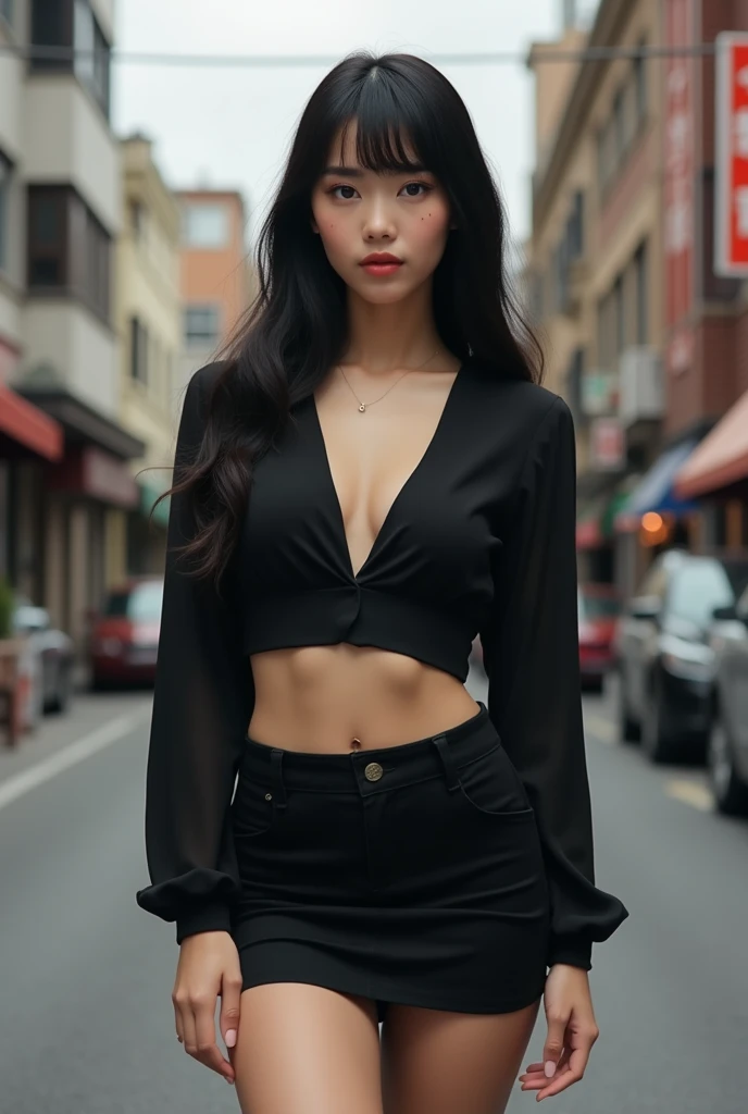 
1 light-skinned girl,  young man, Asian with slanted eyes, extremely beautiful, unique beauty, extravagant look, rosy cheeks, big mouth, fleshy and pink, aegyo sal, beautiful ears, small and round nose, long black silky hair, fringe, big eyelashes, curved and beautiful, sensual vibe, nova, beautiful  face, straight posture, moles on your cheek, on your chin near your mouth and on your nose, in street, alone, a chic black blouse, Very Short Skirt, black and glued, hourglass body,breasts big,coxas grossas e bunda grande, Unique presence, idol beauty, looks like Jisoo, extremely realistic image, 8 k quality