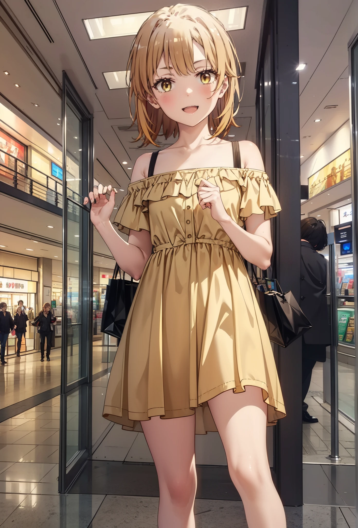 Irohaisshiki, isshiki iroha, short hair, Brown Hair, (Brown eyes:1.5), smile,Open your mouth,smile,Off-the-shoulder yellow dress,mini skirt,Cute heeled sandals,Walking,whole bodyがイラストに入るように,
break indoors,Shopping mall,
break looking at viewer,whole body, (Cowboy Shot:1),
break (masterpiece:1.2), Highest quality, High resolution, unity 8k wallpaper, (figure:0.8), (Beautiful attention to detail:1.6), Highly detailed face, Perfect lighting, Highly detailed CG, (Perfect hands, Perfect Anatomy),