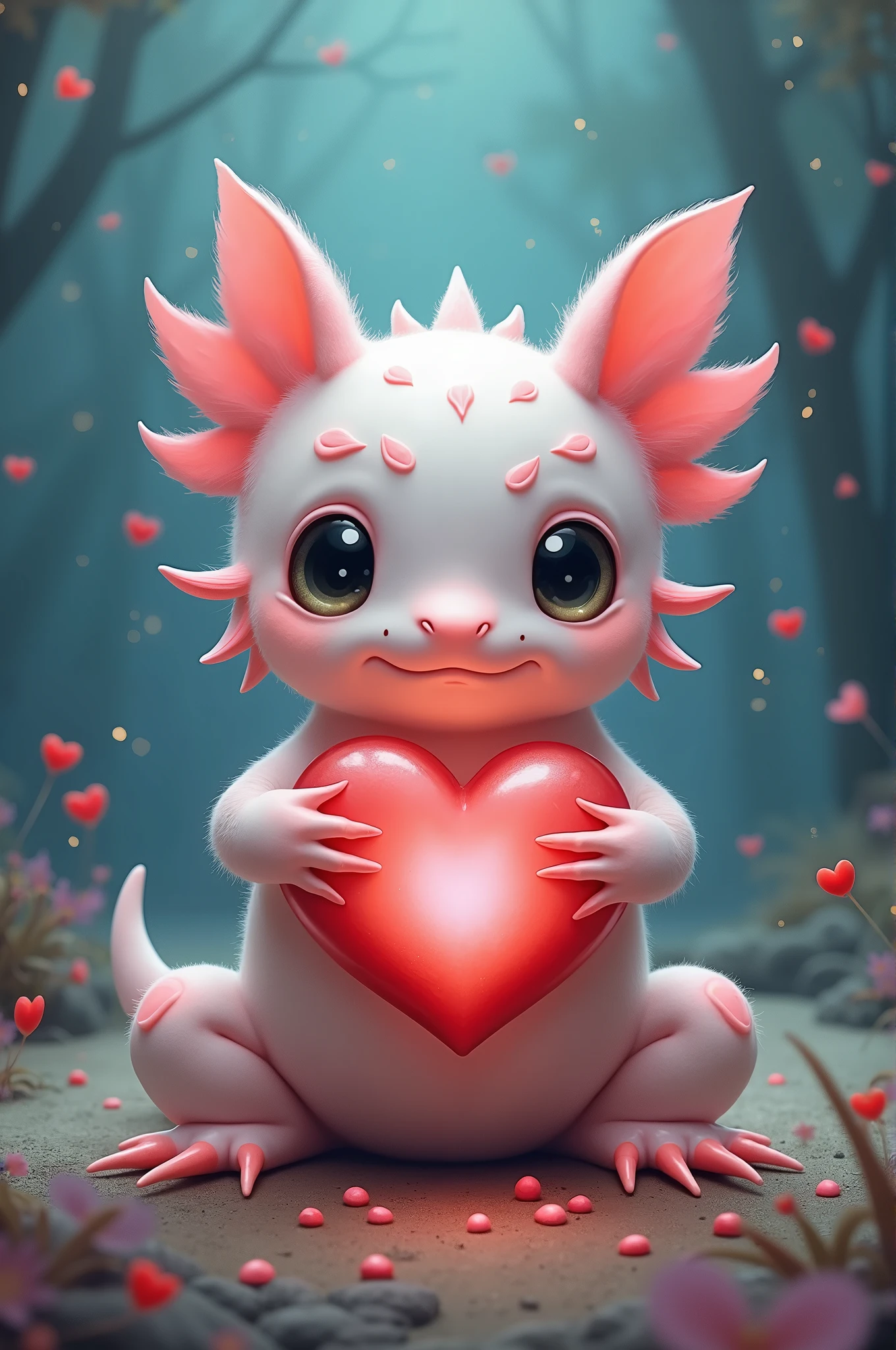 Axolotl holding a heart 