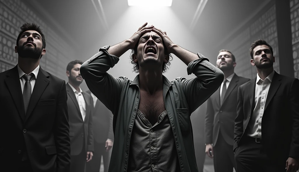 A twisted dramatic scene from A person who never succeeds in his job, desperate with his hands on his head screaming, wearing poor clothes, successful people wearing suit and tie around, the whole scene in black and white, the central person highlighted with the colorful outfit.
