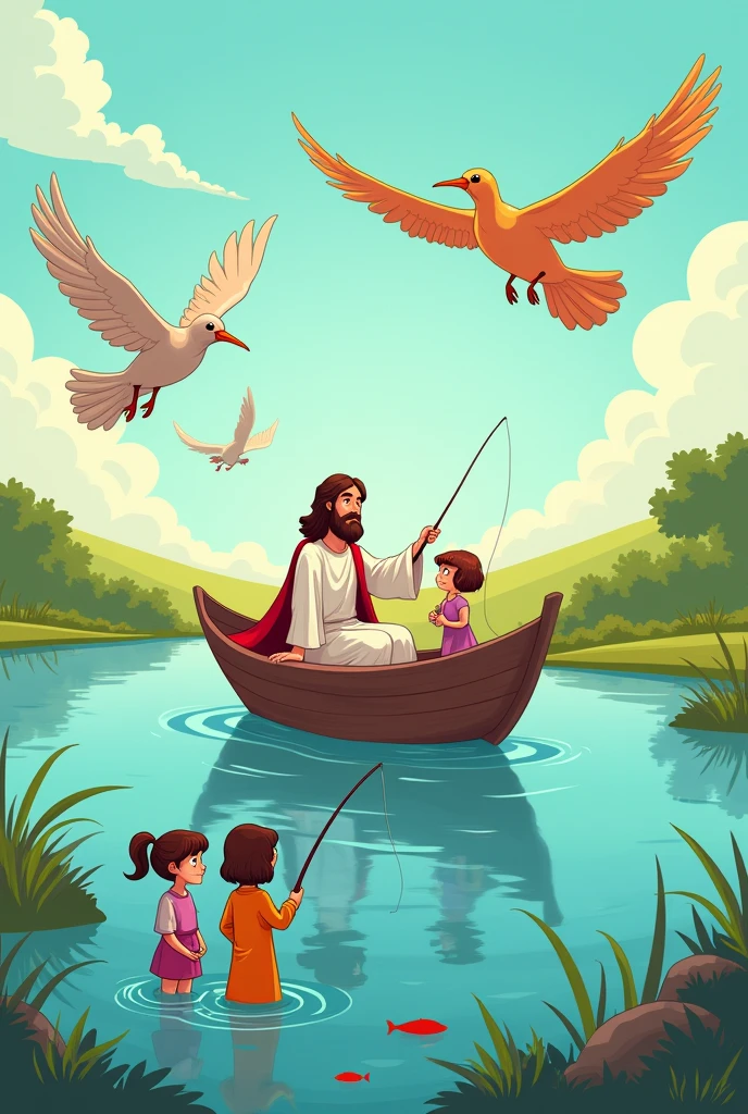 Cartoon birds flying Jesus in a boat with a girl and a boy fishing and fish 