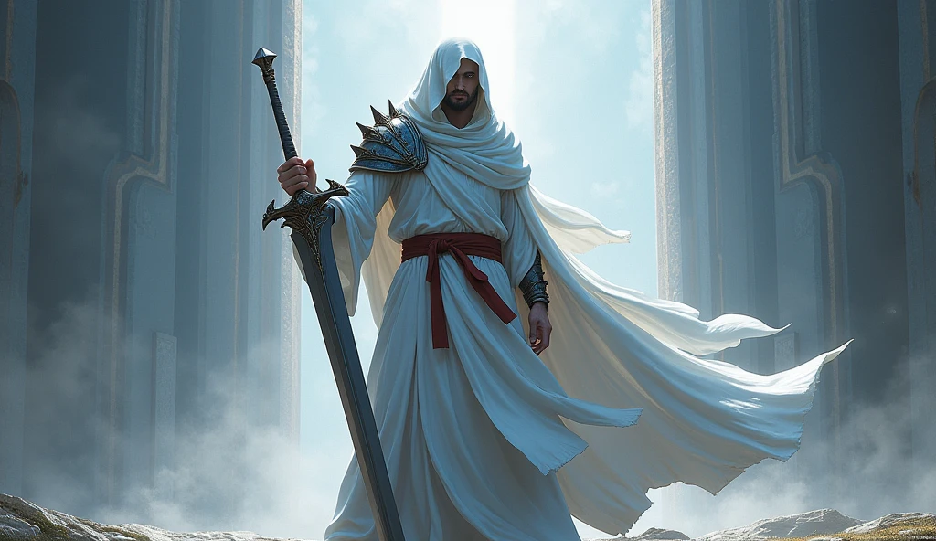 arafed image of a man in a white robe holding a sword, shadowbringers cinematic, by Yang J, square enix cinematic art, anime epic artwork, graphic artist magali villeneuve, from arknights, 2. 5 d cgi anime fantasy artwork, fanart best artstation, with large sword, epic fantasy art style hd, anime art wallpaper 8 k