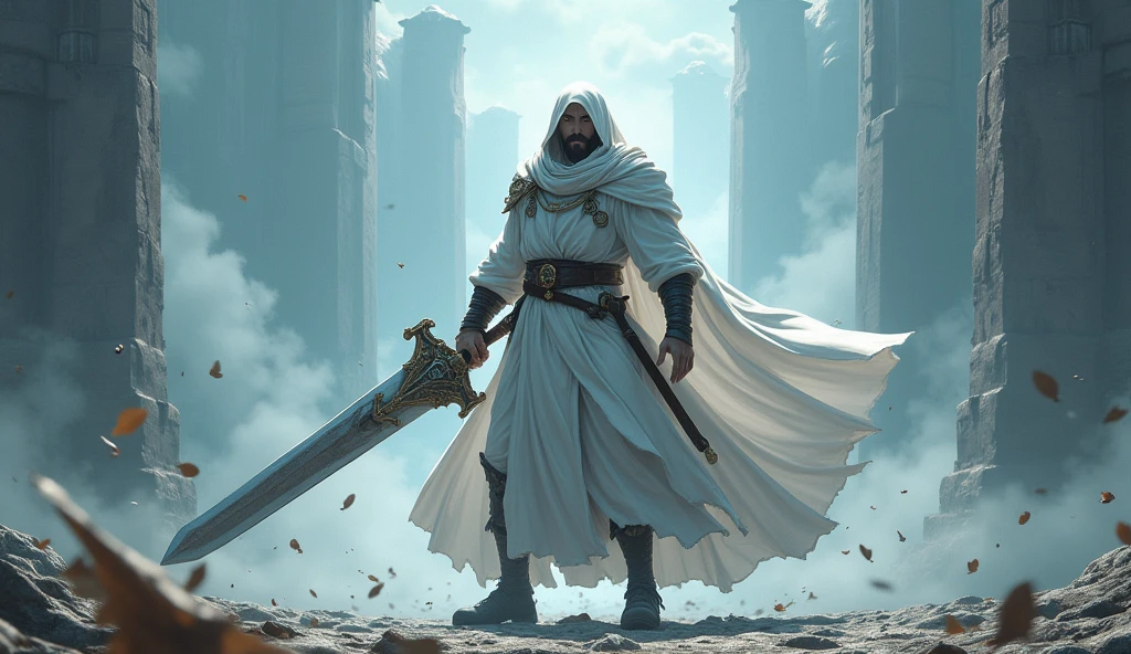 arafed image of a man in a white robe holding a sword, shadowbringers cinematic, by Yang J, square enix cinematic art, anime epic artwork, graphic artist magali villeneuve, from arknights, 2. 5 d cgi anime fantasy artwork, fanart best artstation, with large sword, epic fantasy art style hd, anime art wallpaper 8 k