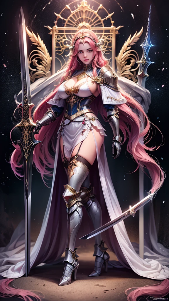 Congregation,Joan of Arc,Long flowing pink hair,head ornaments,Big breasts,Neck gemstone jewelry,Breast Binding,mini lace skirt,Steel armor gloves,Steel armor long high heels,.best quality,masterpiece,Ultra-high resolution(2:0),special magic sword,The sword is long and sharp,The sword has magic runes attached to it,