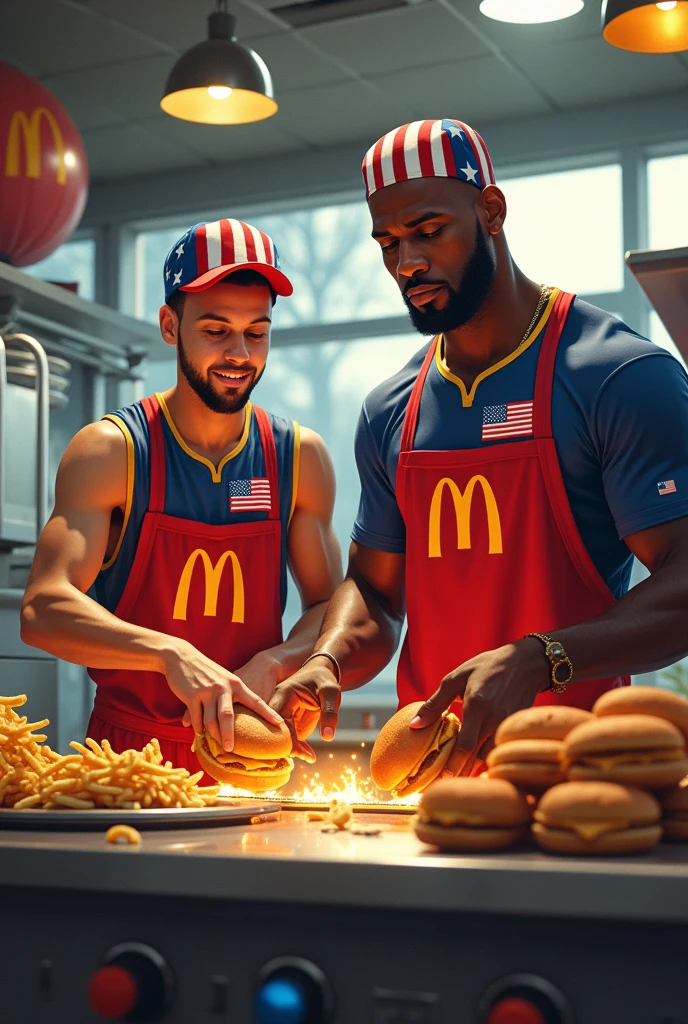 "Stephen Curry and LeBron James are portrayed as McDonald's workers, standing side by side in front of a sizzling grill. Both are wearing United States-themed shirts with the American flag subtly incorporated into the design. Curry, with his signature focused expression, flips burgers with precision, while LeBron, towering beside him, handles the fries with a confident smile. The background reveals a bustling McDonald's kitchen, complete with shiny stainless-steel equipment, stacks of buns, and the warm glow of the grill. The scene is a playful blend of sports and everyday life, capturing the iconic athletes in an unexpected, humorous setting.
