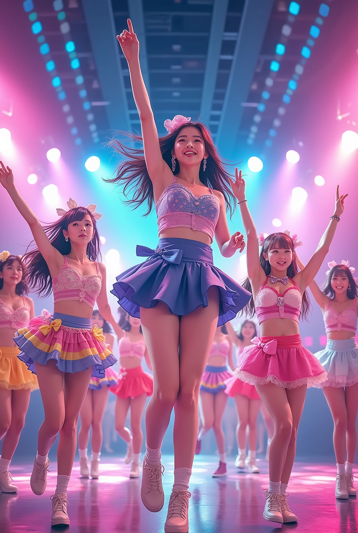 48 women, Japanese idol, kawaii, happy, smile, singing, dancing, on stage, colorful lighting,, jumping