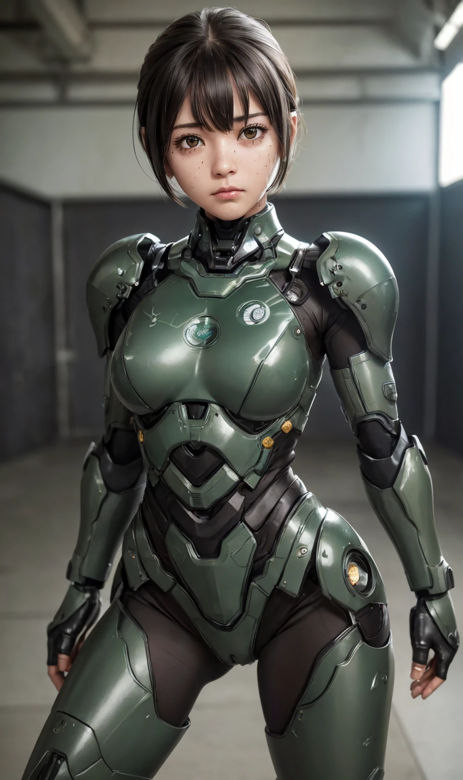 Textured skin, Super Detail, Attention to detail, high quality, 最high quality, High resolution, 1080P, hard disk, beautiful,(War Machine),beautifulサイボーグ女性,Dark Green Mecha Cyborg Girl,battle,Girl with a mechanical body,、Junior high school girl　Very Short Hair、Sweaty brown eyes、Sweaty face、freckles　Embarrassed expression　blush　cute　Black-haired　((Steam coming out of the head)) Glasses　Squat　squat　Spread your legs　M foot opening　(Shyness)