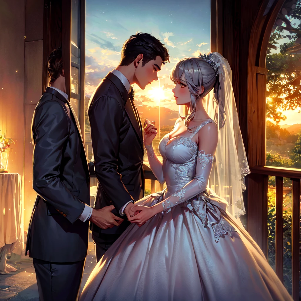 masterpiece, Best quality, masterpiece, Best quality, masterpiece, Best quality, masterpiece, Best quality, high quality, detail_skin, Beatifull_hair, detail_hair, Beatifull_hands, hands_detail, High detail, Ultra detail, HD, 4k, 4280x2240, depth field, (HDR:1.9), Correct anatomy, a masculine boy with short hair black hair abundant brown eyes with full wedding suit from groom to gentleman's suit and Palto flu pants and a girl with very long hair messy hair curly hair wavy hair (((silver hair))) high ponytail with yellow eyes in wedding dress, Dream wedding dress. love. Hand in hand looking at the New Year's sunset sunrise while kissing at church wedding with wedding rings on boy finger and wedding rings on girl finger and smiles, detail, ultra-detail, correct_position, correct_texture, correct_colors, correct_shading, correct_cgi, correct_body, correct_anatomy, correct_proportion, (correct_complete_body), source_anime,score_6_up,score_7_up,score_8_up,score_9, (Beautiful eyes), (detail_eyes), Eyesclothing cutout, veil,see-through,wide sleeves, white leotard,long sleeves,frilled sleeves,frills,bridal veil, Detailedface, artist(ReDrop), Romántica style sleve, EasyNegative_pt , beatifull_detail,