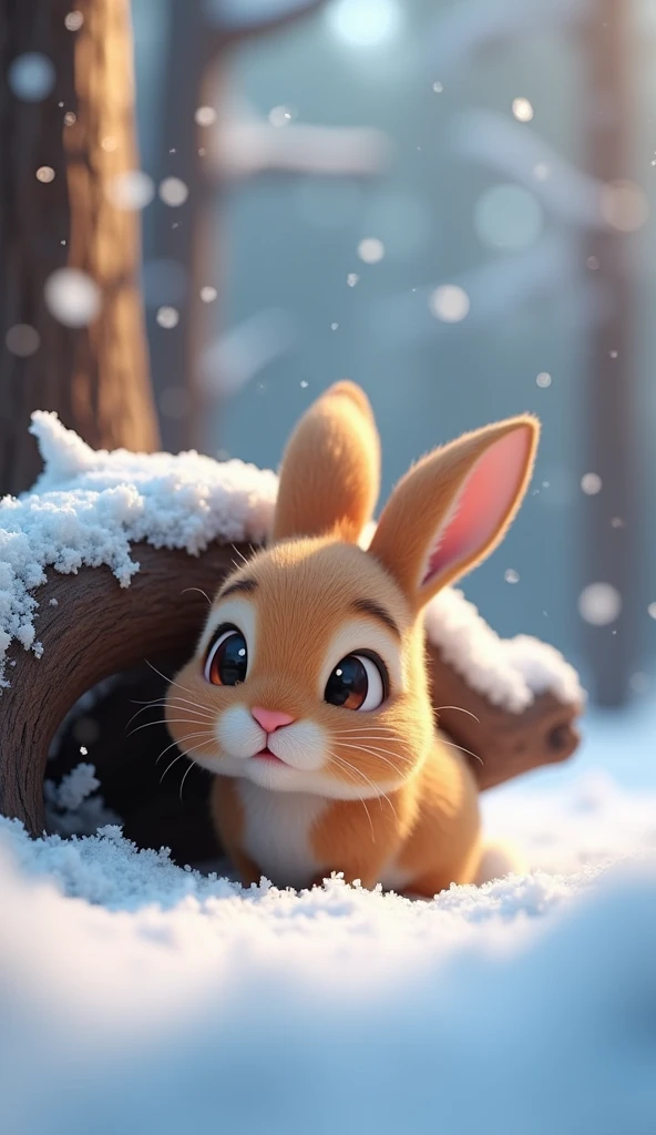 Cartoon anime 3D characters of A small, cute brown rabbit is trapped under a fallen tree branch in the snowy forest. The cute brown rabbit's eyes are wide with fear as it struggles to free itself, with snowflakes gently falling around it.