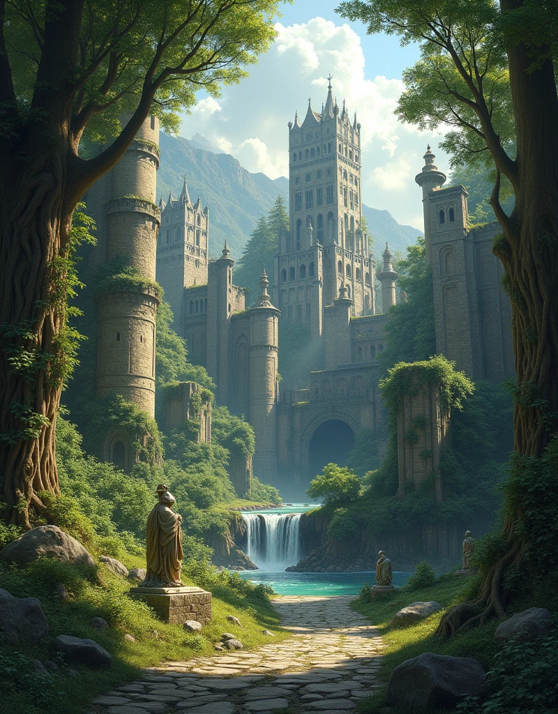 A ancient city reclaimed by the forest, crumbling stone walls and towers peeking through a sea of dense vegetation. Once splendid castle and temples, now just vine-covered rubble and moss-laden ruins poking above the treetops. Intricate stonework barely visible under thick creeping ivy and moss. Empty streets and alleys totally obscured by huge gnarled roots and flowering creepers. Crumbling statues of kings and queens stand weathered and worn, as squirrels and birds nest atop their heads. A gentle stream trickles through the cracked central plaza, waterfall cascading through where majestic palace once stood. Only bats reside here now, roosting in the damp catacombs beneath temples. Birdsong and rustling leaves have replaced hymns and human voices. The mighty walls that once protected now gradually decaying as the forest reclaims its land. This drowned city a relic of a lost people, slowly being enveloped forever in the embrace of the woodland realm.